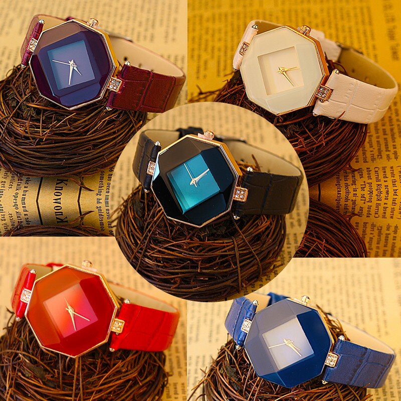 Relógios femininos gem corte geometria cristal couro quartzo relógio de pulso moda vestido senhoras presentes relógio relogio feminino 5 cor