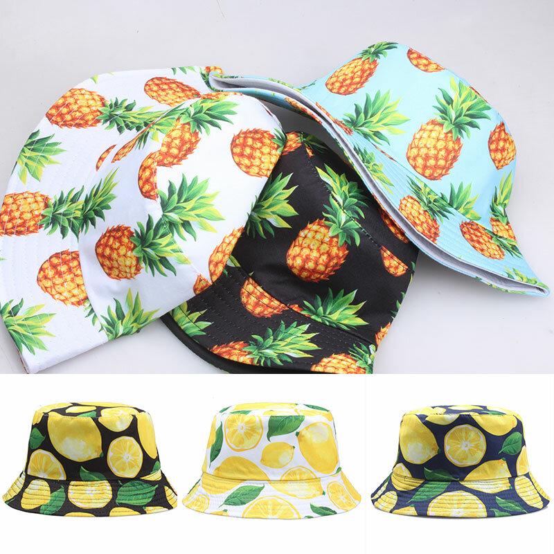 สีสันหมวกผู้หญิงผู้ชาย Reversible ผลไม้กล้วยแตงโมเชอร์รี่พิมพ์หมวกชาวประมงสบายๆ Harajuku Hip Hop หมวก