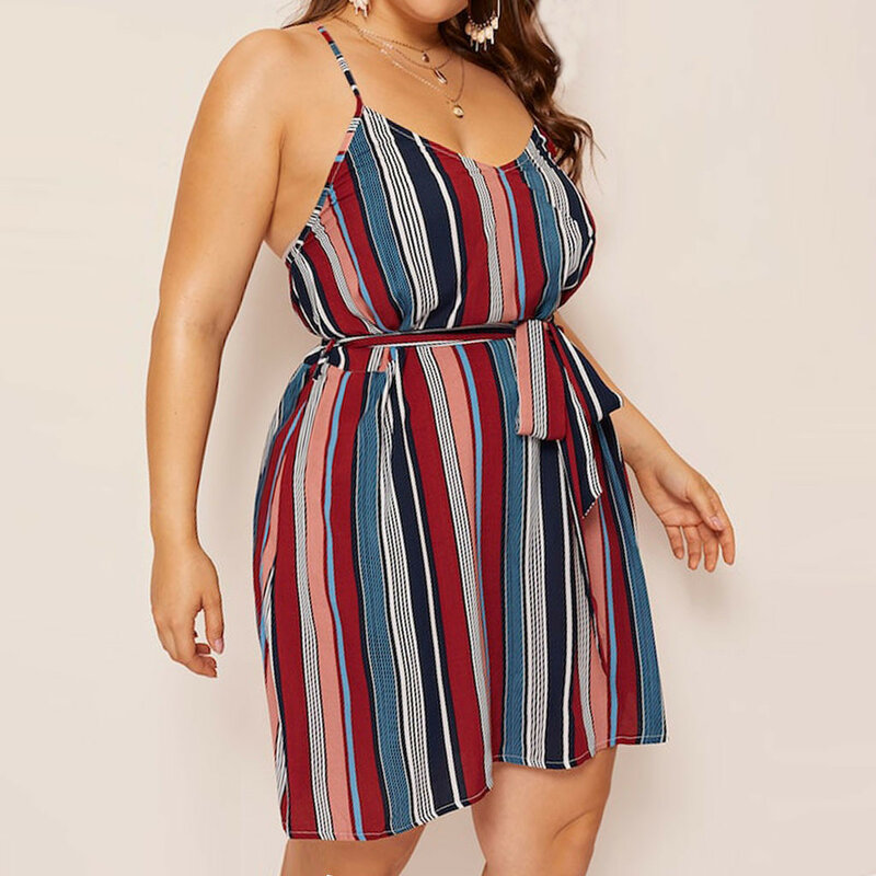 Moda feminina vestido plus size stripe impressão joelho comprimento camis v-neck sem mangas bandagem saia data vestidos de verão