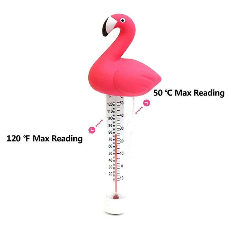 Termômetro de água flutuante para piscina, termômetro com desenhos animados de flamingo, formato de flamingo, com cordão para piscinas, spas, banheiras de água