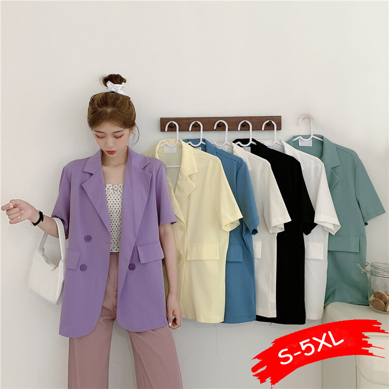 女性のためのエレガントな韓国の夏のブレザー,フェミニンなオフィスウェア,半袖,ダブルブレスト,パープルブレザー,7色,2020