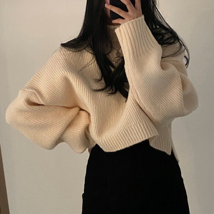 Coreano elegante primavera cuello alto engrosada térmica cubierta de la cabeza suéter-Encuentro de punto de manga larga Top