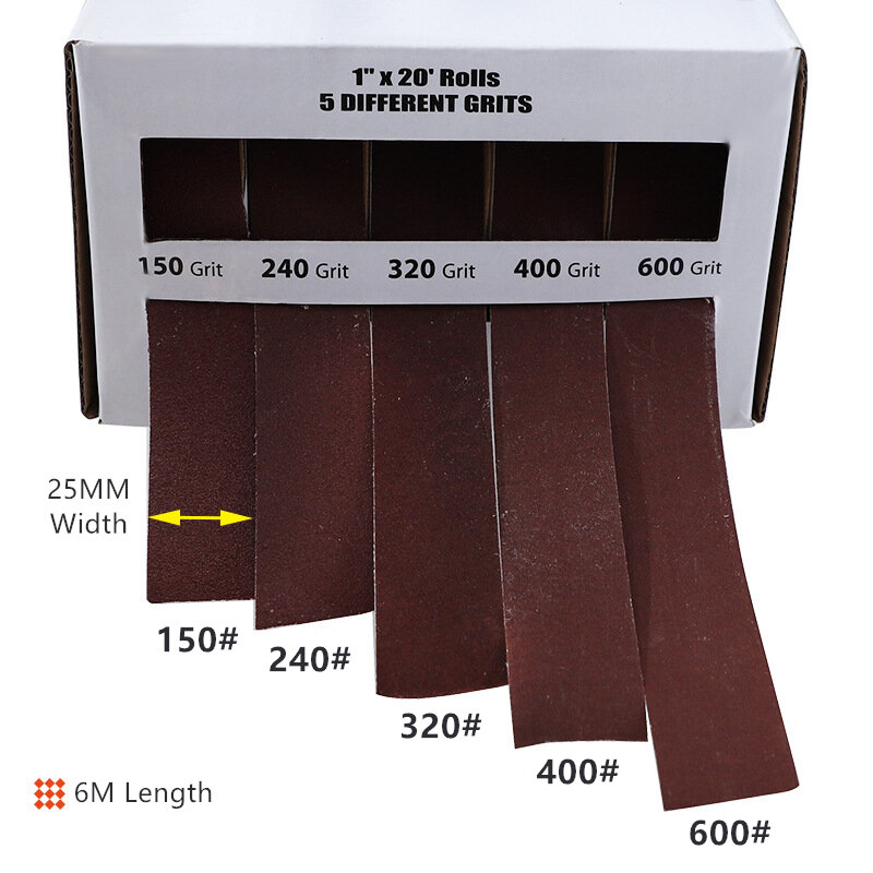 6M 25mm 150-600 Grit Sandpaper Dry Grinding Emery Sanding Belt Drawable Sand Paper Roll for Metal Glass Wood Polishing