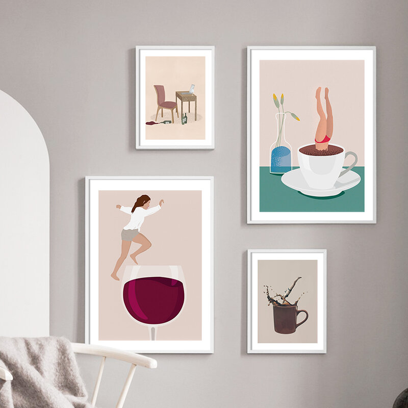 Czerwone wino kawa kanapka dziewczyna śmieszne streszczenie obraz ścienny na płótnie plakaty i druki zdjęcia ścienny na wystrój salonu
