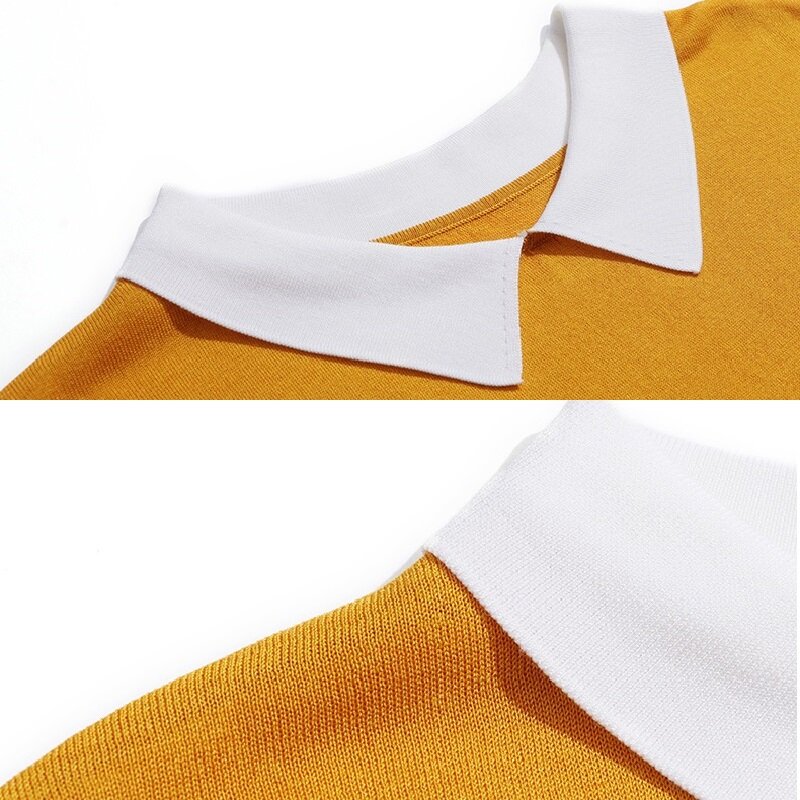 Женский пуловер с коротким рукавом и отложным воротником, тонкий желтый вязаный Топ, женский модный эластичный свободный джемпер, лето 2021