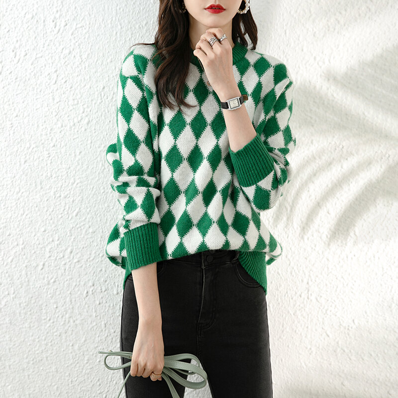 Suéter de manga larga para mujer, Jersey suelto de cuadros verdes, otoño e invierno, 2021 H, 836