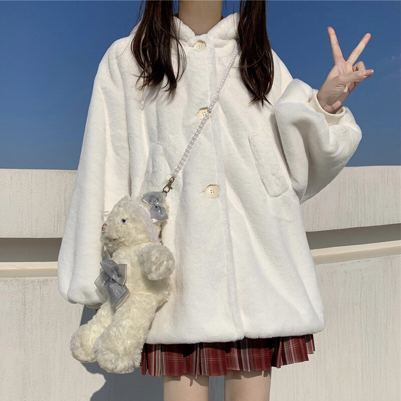 Winter Jacket Cute Girl Single-Breasted Thicken Soft Plush Coat Vintage Long Sleeve Kawaii Jk Lolita Hooded Outweare For Women