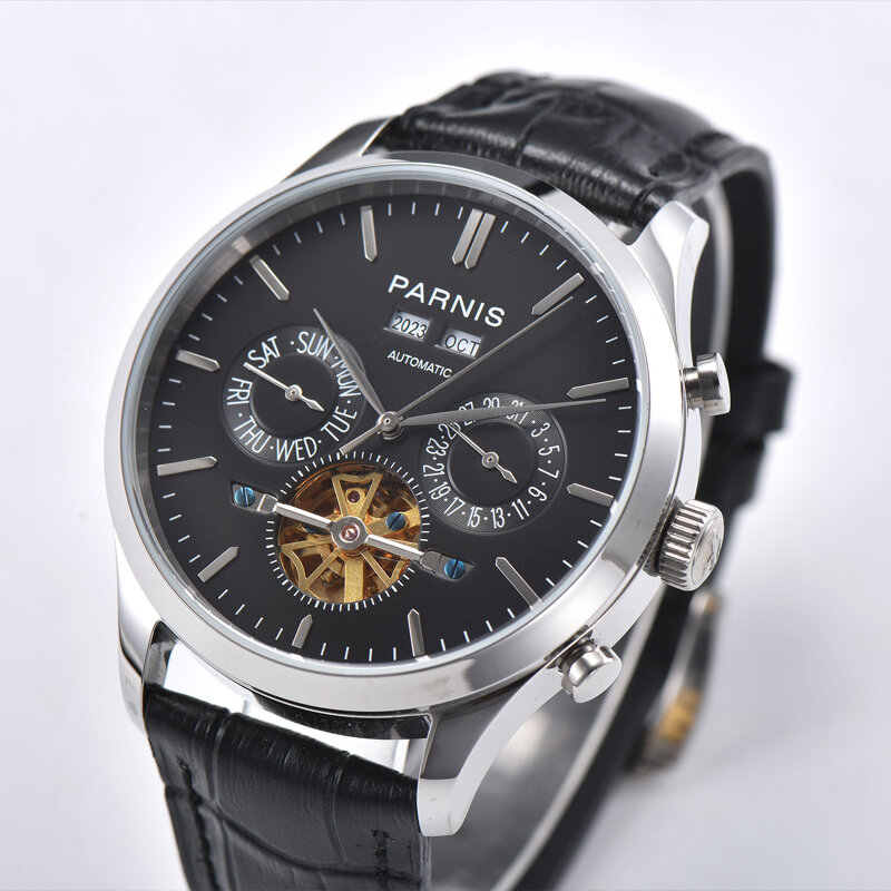 Parnis-reloj mecánico automático para hombre, pulsera con carcasa plateada de 43mm, calendario perpetuo, correa de cuero negro, marca 2020