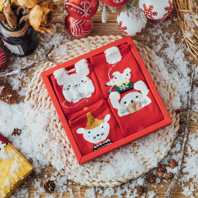 السيدات لينة وتنفس هدية الكريسماس صندوق أحمر الكرتون الحيوان متعة الشتاء الكبار القطن عيد الميلاد الجوارب