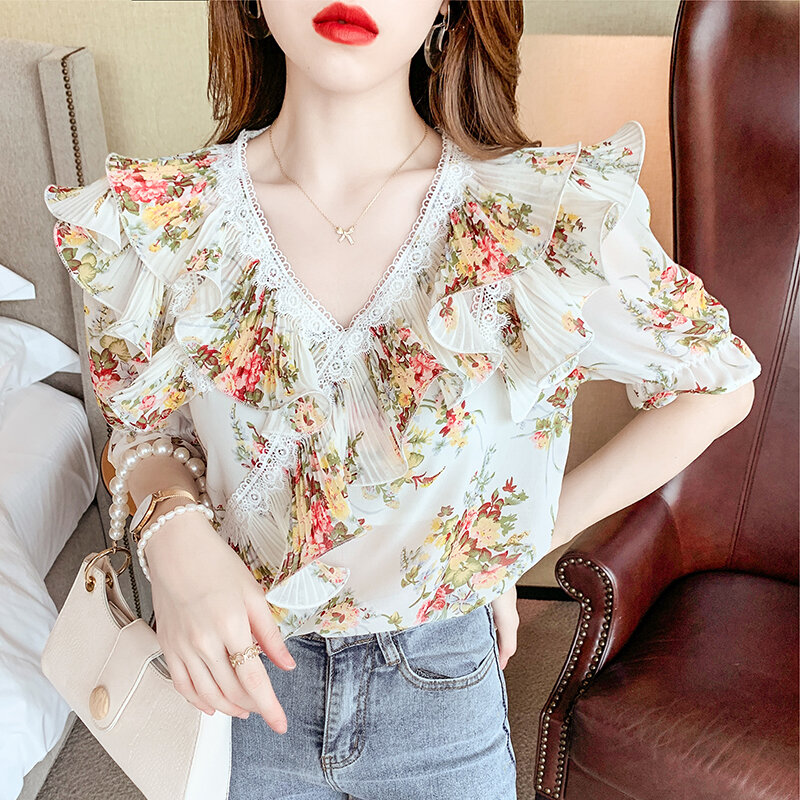 Plissado blusa feminina 2021 verão nova com decote em v babados chiffon camisa das senhoras lanterna manga curta flores blusa camisas 224g