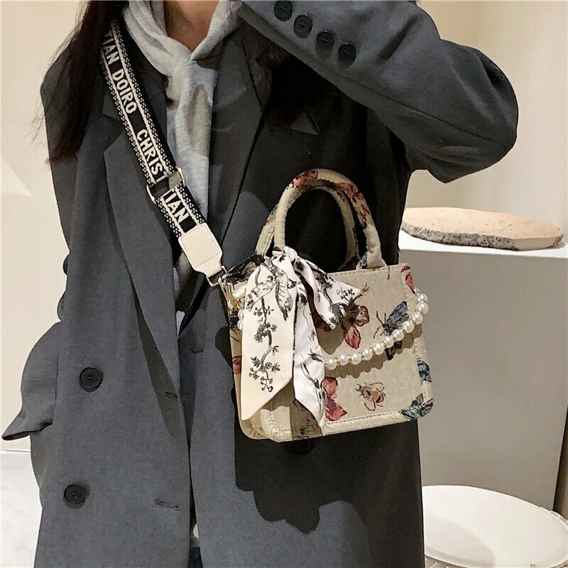 Luxury Animal Embroidery Canvas Large Tote Handbags For Women Brand Designer Wide Strap Small Ladies Shoulder Crossbody Bags