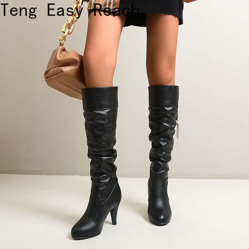 PU Soft Leather Over Knee High Heels Boots Platform Warm Plush Woman 's Winter Long Boots Zapatos Mujer Black White Pink Boots