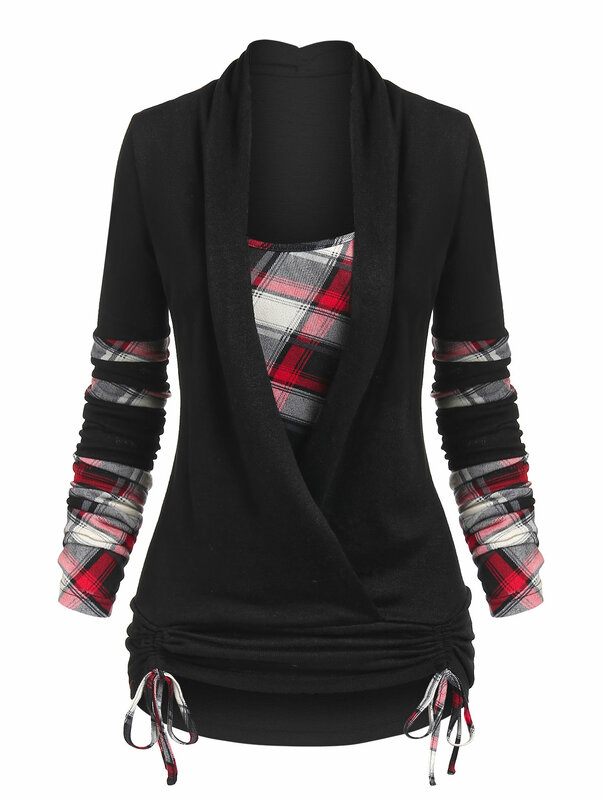 Camiseta estampada xadrez feminina, twinset sintético com canelada, camiseta 2 em 1, manga comprida, duas peças