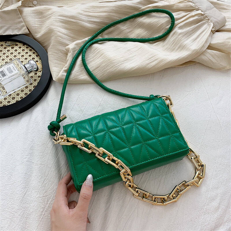 Designer Solid Color Thick Chain Quilted Diagonal Shoulder Bags for Women 2021 Summer New Fashion Purses Trend Square Bag