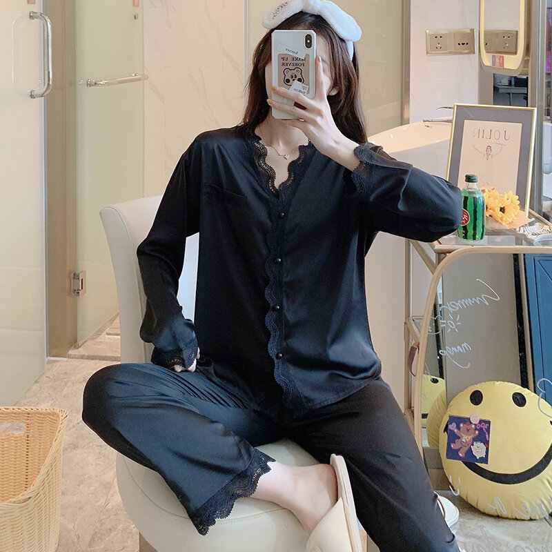 Pijamas de renda preta para mulheres primavera outono manga comprida minimalista traje cardigã de estudantes verão e inverno seda artificial