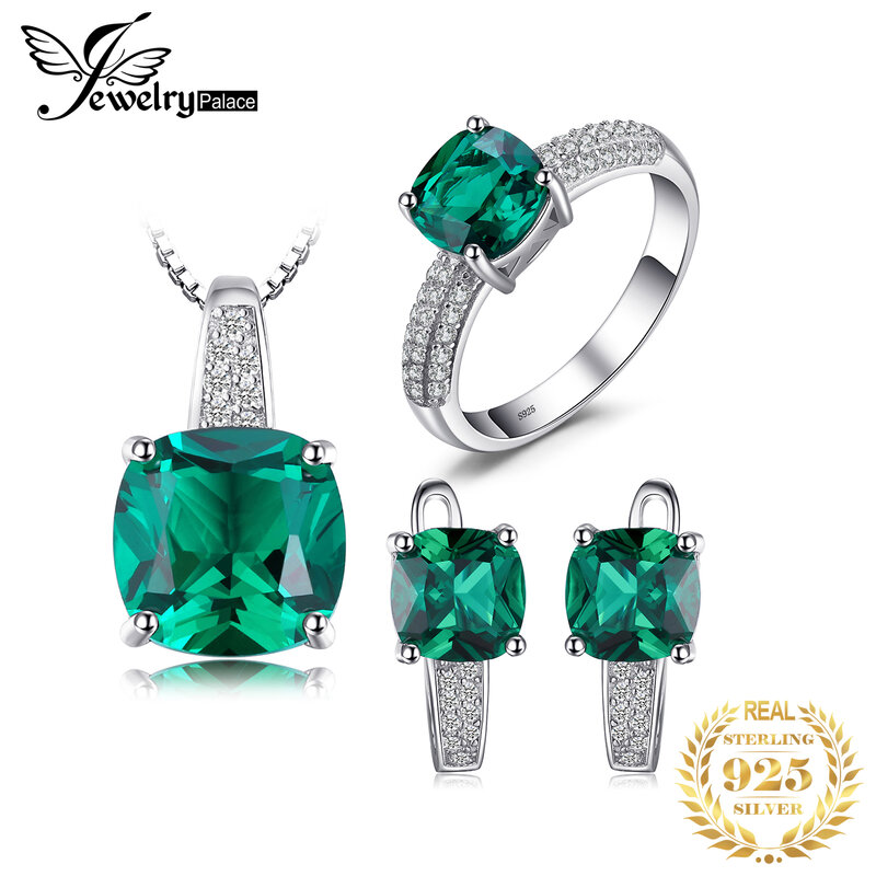 JewelryPalace simulato verde smeraldo anello pendente orecchini a cerchio set di gioielli in pietra preziosa gioielli da donna in argento Sterling 925