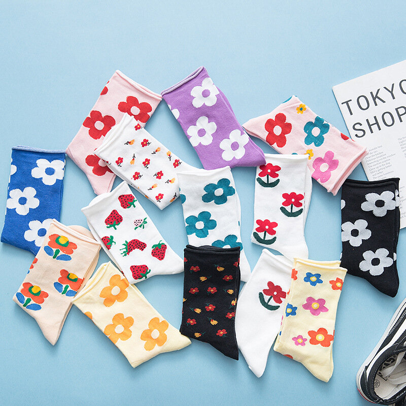 Nova primavera kawaii meias femininas flor padrão de frutas estilo coreano meias de algodão moda bonito da menina presente meias de alta qualidade b146