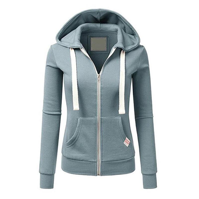 Casual Women Autumn Solid Color Long Sleeve Hoodie Pockets Zipper Sports Coat