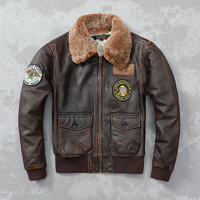 Vintage afligido jaqueta de couro dos homens acolchoado gola de pele 100% jaqueta de vôo de pele de bezerro homem casaco de inverno