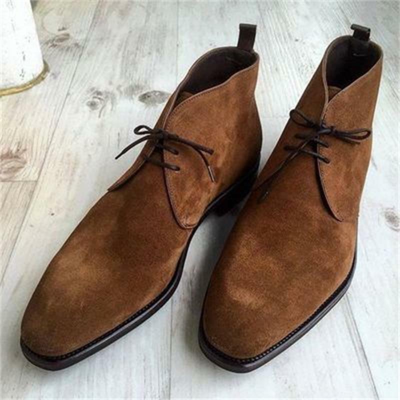 New Men Fashion Business Casual Daily All-match Dress Shoes Handmade Brown Suede Classic Square Toe Lace-up Ankle Boots 3KC695