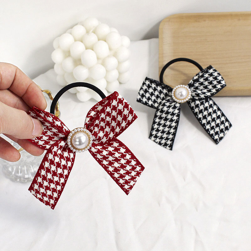 Klassische Plaid Bogen Perle Haar Krawatten Stirnbänder Frauen Mädchen Haar Seil Koreanische Haar Zubehör Gum Mode Vintage Scrunchies