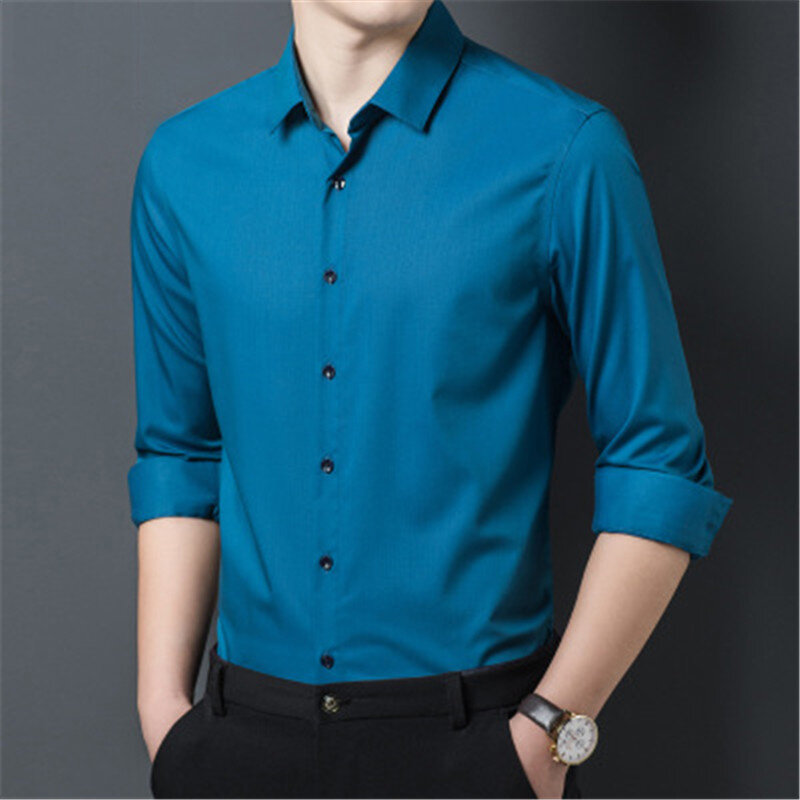 Рубашка мужская с отложным воротником, Деловая блузка с длинным рукавом, на пуговицах, топ, рубашка на пуговицах