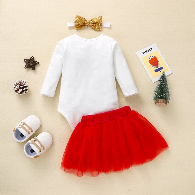 Ensemble de vêtements pour bébé fille, jupe de noël imprimée en coton et cerf, 3 pièces, tenue de printemps