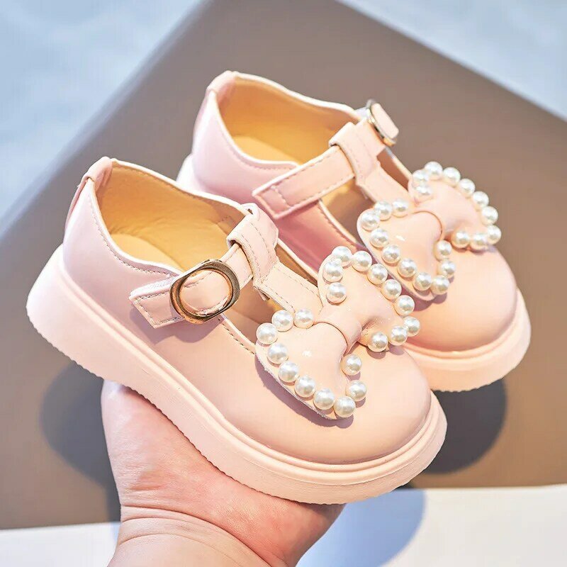 Fashion Girls Pink Black Leather Shoes For School Kids Bow Pearl Princess Shoes Children Single Shoes For Spring Autumn New