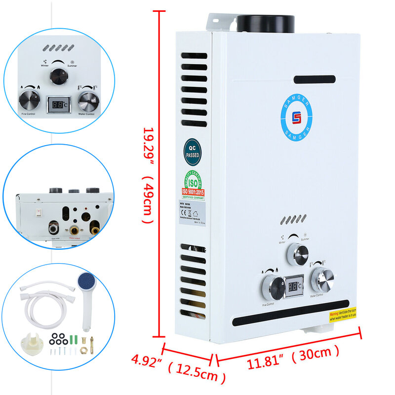 Honhill 8 L 가스 온수기 16KW 인스턴트 가스 히터 (샤워 헤드 포함) Tankless Hot & Cold Water Heater For Home Camping