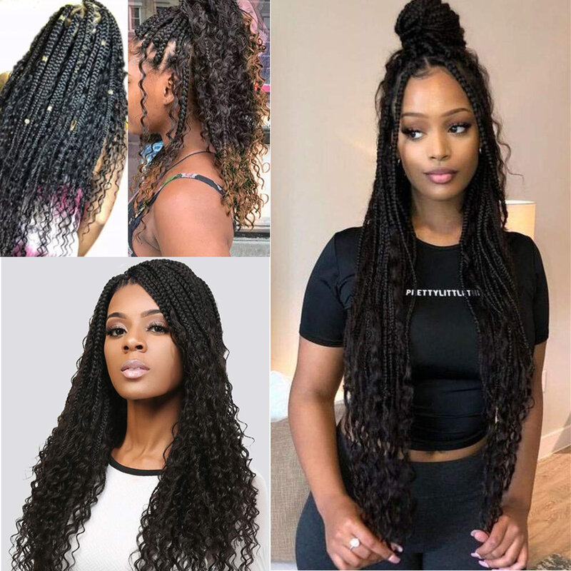 Messy Goddess Box Braids Hair With Curly Ends Synthetic Crochet Braid 22inches Bohemian Ombre Braiding Hair Extension 24Strands
