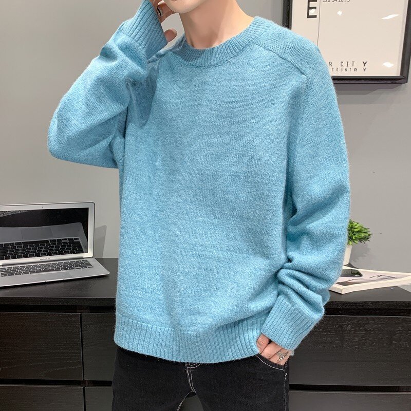 Sweter Leher Kru Pullover Dasar Sederhana Warna Polos Musim Gugur Musim Dingin 2021 untuk Pria Sweter Lengan Panjang Longgar Kasual untuk Pria