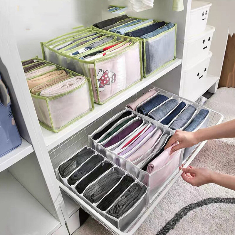 Stacking Jeans Compartment Clothes Storage Box Drawer Divider Closet Organizer Pants T-shirt Mesh Washable Storage Bag Partition