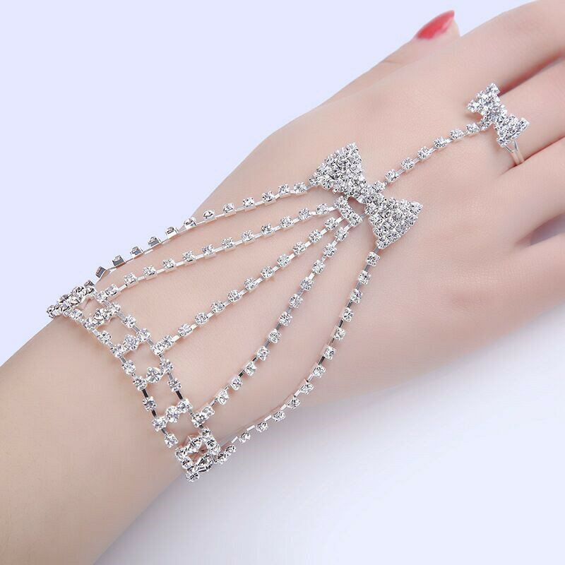 Bride's Wedding New 2021 Women Boutique Move Personality Fashion Jewelry High Quality Glass Drill Bowknot Finger Silver Bracelet