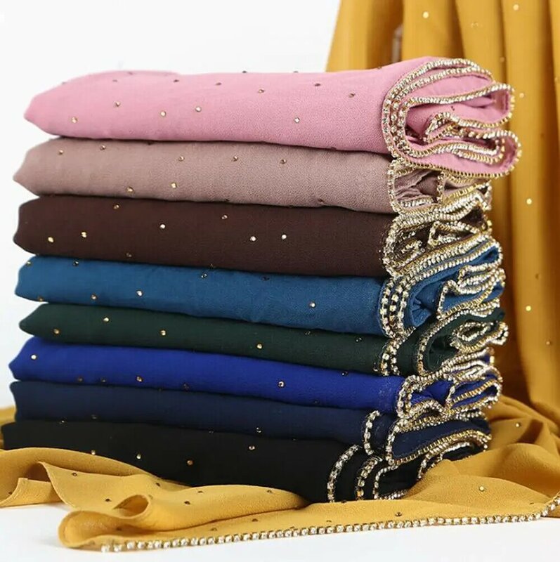 1 pc New Arrival plain bling bubble chiffon hijab scarf shimmer with crystal chain edged scarf muslim scarves hijabs