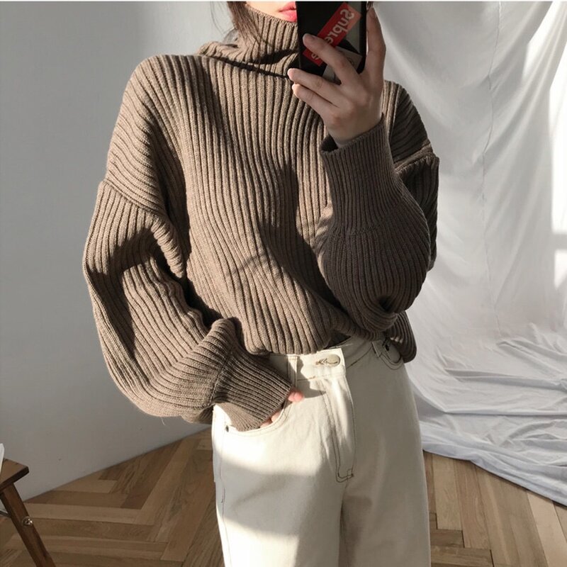 Vintage Thicken Striped Women Sweaters Autumn Winter Turtleneck Pullovers Jumpers Female Korean Knitted Tops women 2021