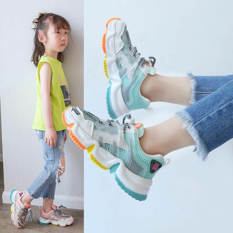 Sepatu Olahraga Anak-anak Musim Panas Baru untuk Anak Perempuan Sneakers Siswa Pelangi Sepatu Anak-anak Jaring Bersirkulasi Sepatu Lari Ringan Balita