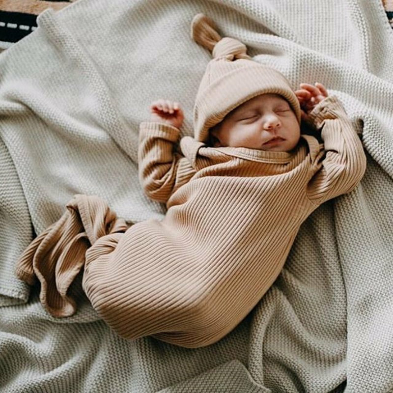 유아 신생아 아기 슬리핑 백 자루 유아 솔리드 늑골이있는 긴 소매 담요 Swaddle 포장 + 모자 2pcs 아기 침구 옷