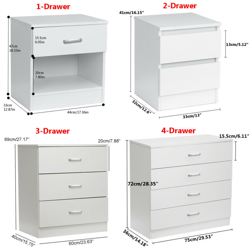 Armoire blanche de 1 à 4 tiroirs en panneaux de particules, Table de chevet, coiffeuse, meuble de chambre à coucher, rangement de couloir