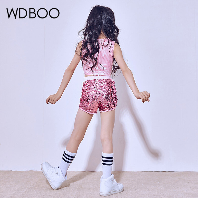 WDBOO Girls Hip-hop Jazz Dancewear Sequin Glitter Crop Top Shorts 2 Pieces Set Kid Top & Bottoms Dance Costume Pink Sparkly Sets