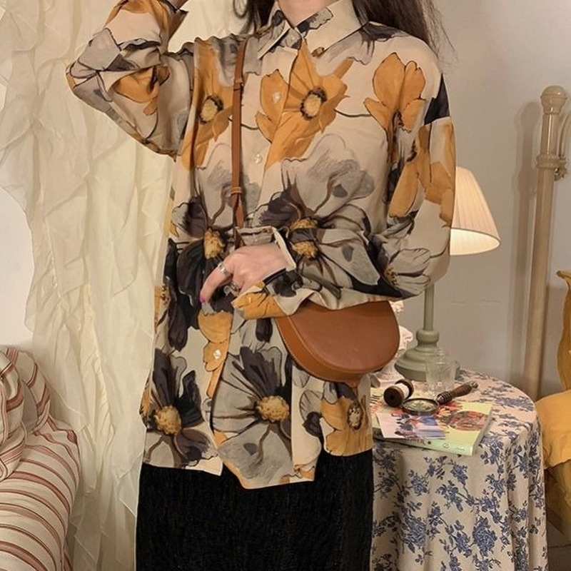 Mingliusili vintage camisa feminina primavera coreano impressão blusa feminina manga longa casual solto all-match elegante botão acima da camisa