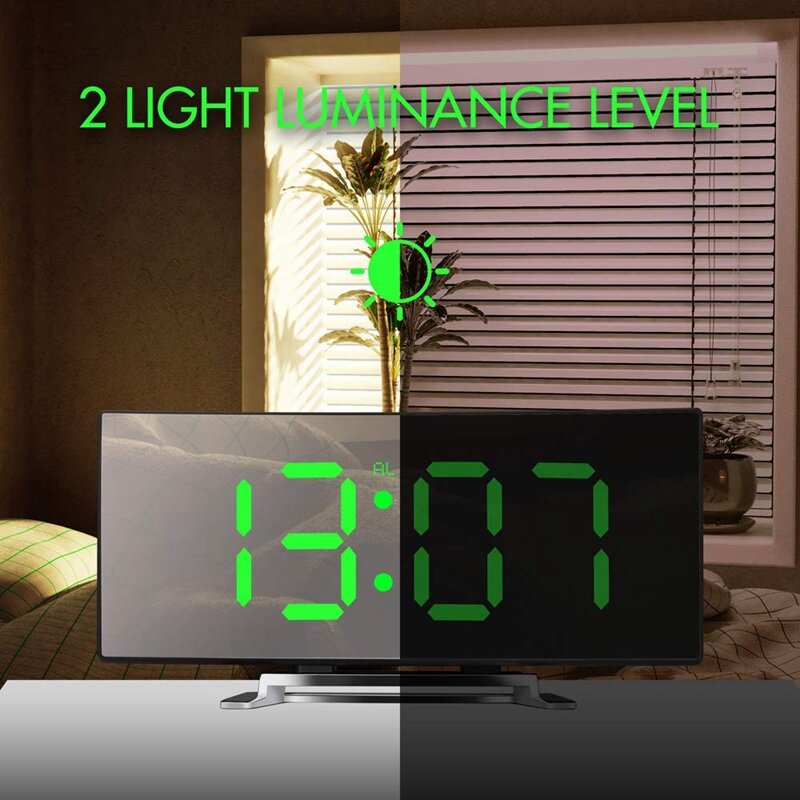 Цифровой будильник, 7 дюймов, изогнутые, с регулируемой яркостью, светодиодсветодиодный цифровые часы Sn для детской спальни, зеленые часы с ...