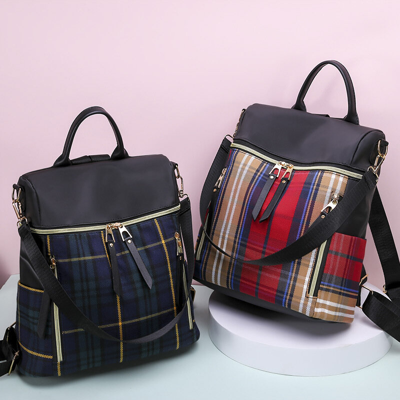 2020 new Korean waterproof Oxford Double Shoulder Bag Fashion Travel versatile canvas Plaid backpack dual purpose schoolbag
