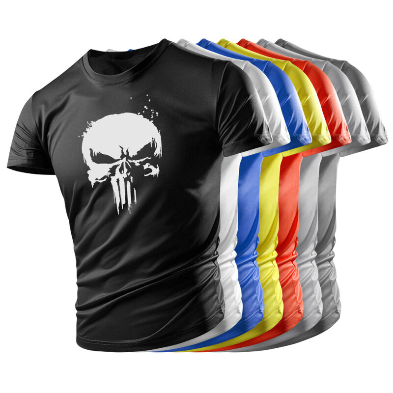 Punisher Skull กราฟิกเสื้อ T สำหรับกล้ามเนื้อชายเสื้อยืดกีฬากลางแจ้งบางและ Breathable Elasticity เสื้อยืด
