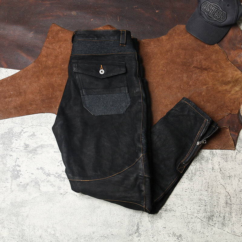 Pantalones ajustados de piel de oveja Natural para hombre, pantalón negro de estilo motocicleta, talla grande 4XL, 2021