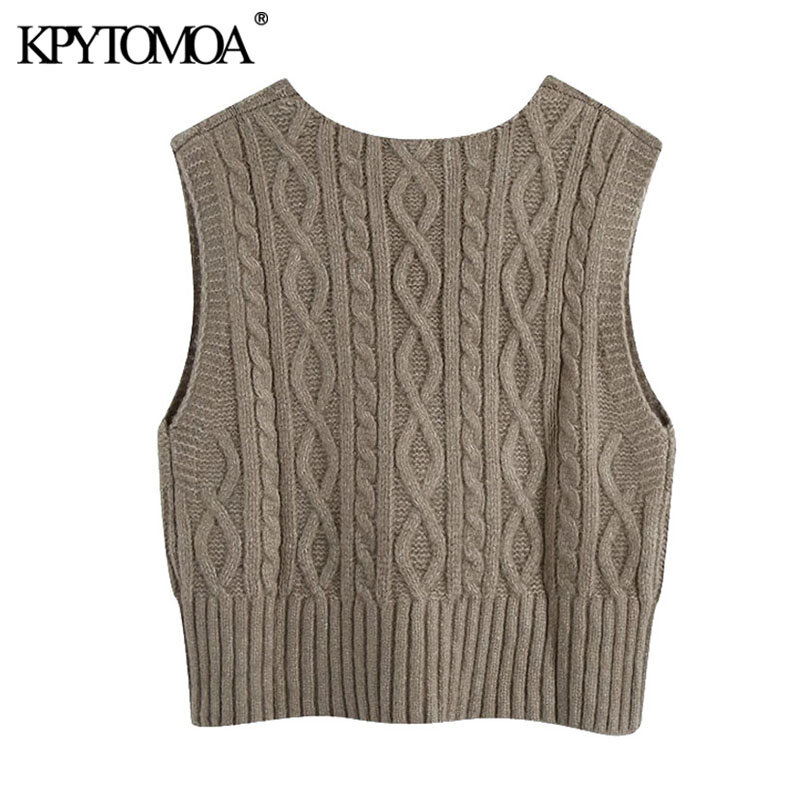 Kpytomoa Vrouwen 2021 Mode Met Geribbelde Versieringen Kabel Gebreide Vest Trui Vintage V Hals Mouwloze Vrouwelijke Vest Chic Tops