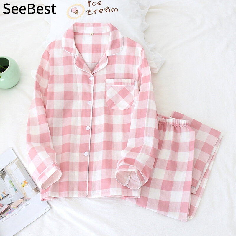 SeeBest Cotton Plaid Pajamas for Women Pajamas Set Homewear Sleepwear Women Cotton Pajamas Lounge Wear Couple Summer Pyjamas