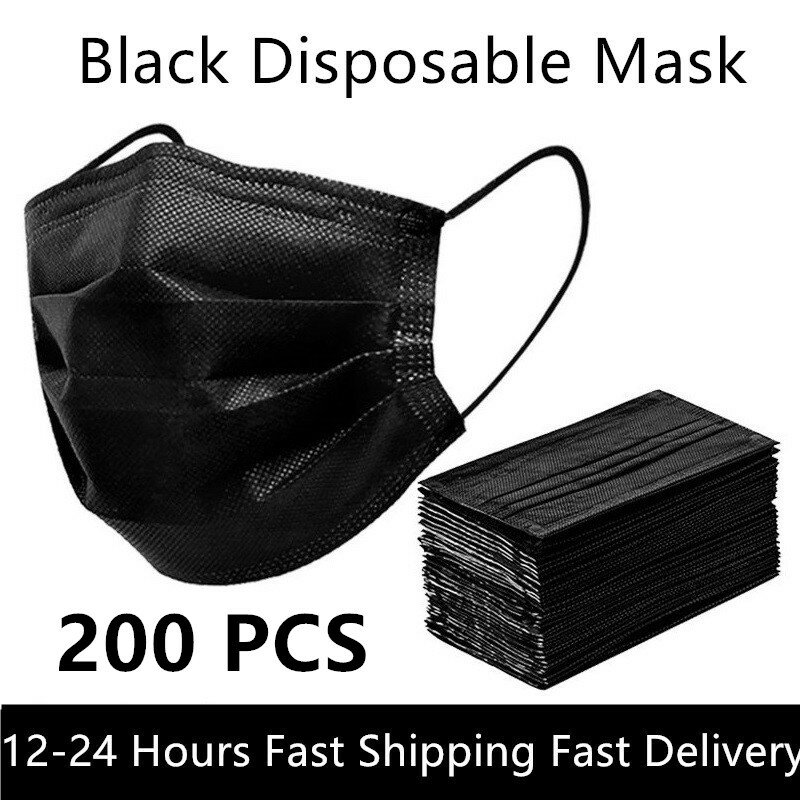 Zwart 3-Layer Masker 10/50/100/200Pcs Gezicht Mond Maskers Smelt Geblazen Doek Wegwerp anti-Stofmaskers Oorhaakjes Maskers