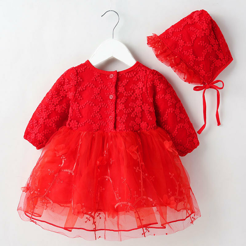2022 da criança menina princesa vestido de renda vermelha criança festa de casamento do bebê vestido pageant vestidos formais + chapéu conjuntos de roupas de ano novo