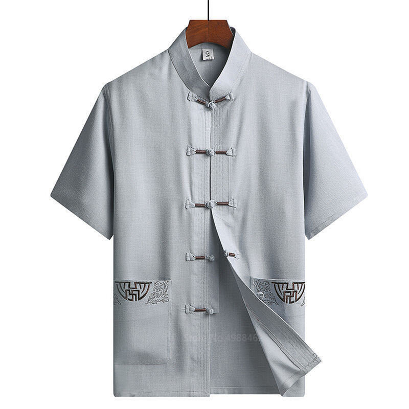 Tradicional chinês conjunto de roupas para homem adulto tai chi kung fu uniformes linho manga curta bordado casual trajes chineses