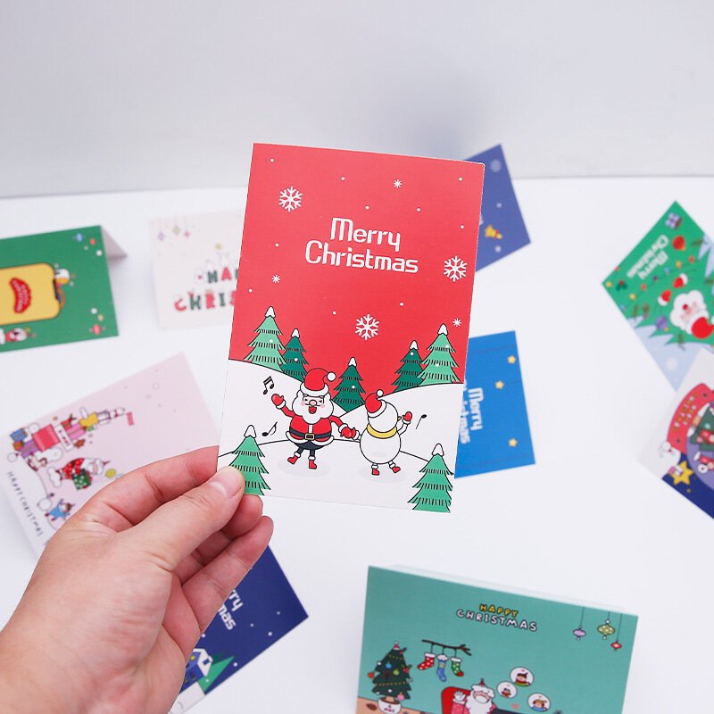 Set Natal Lucu Kartu Ucapan Rusa Manusia Salju Kartun Santa Klaus Kartu Berkat Kreatif dengan Stiker Amplop Hadiah Natal